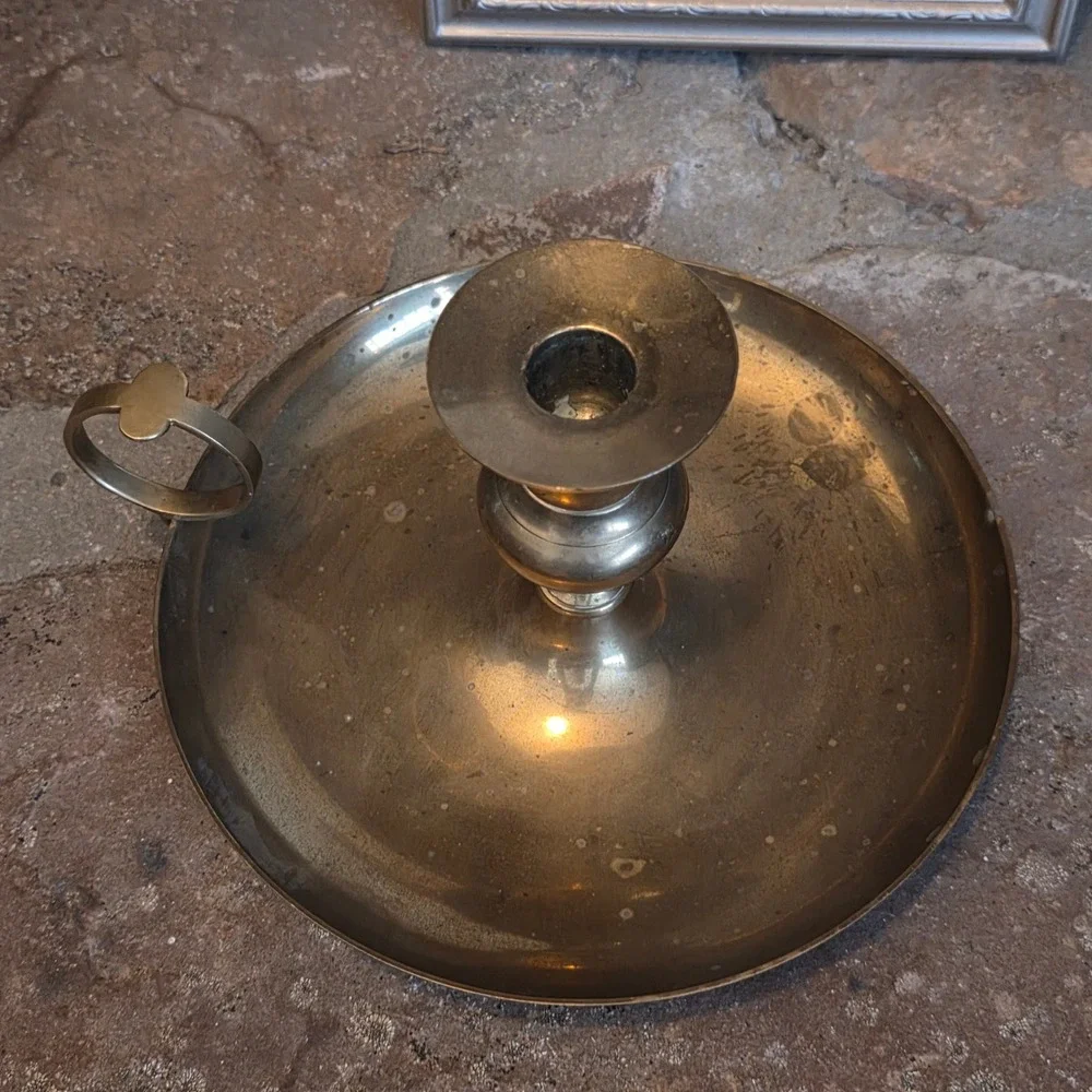 Vintage Brass Chamberstick Candle Holder Finger Loop Saucer Base Made in India